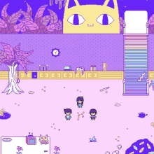 a pixel art scene with a cat and a clock