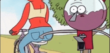 a cartoon character is riding a bicycle next to a woman .