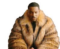 a man wearing a fur coat with a black shirt underneath it