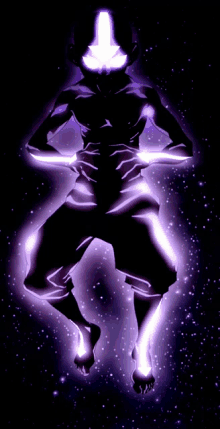 avatar aang is glowing in the dark with a purple aura around him