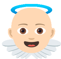 a bald angel with a blue halo and wings