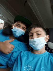 two boys wearing face masks are giving a thumbs up on a bus