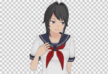 a girl in a school uniform with a red bow is standing in front of a checkered background .