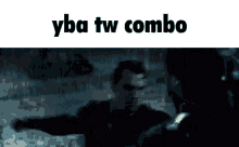 a man is standing in the rain with his arms outstretched and the words yba tw combo written above him .