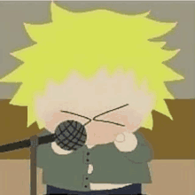 a cartoon character is holding a microphone in his mouth .