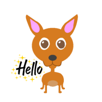 a brown dog with pink ears is standing next to a hello sign