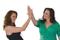 two women high five each other on a white background