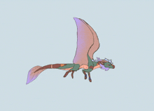 a drawing of a dragon with wings and a long tail