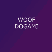 a purple background with the words woof dogami in white letters