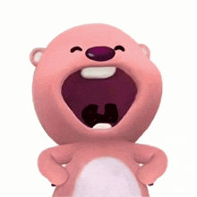 a pink teddy bear with its mouth open