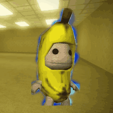 a cartoon character dressed as a banana with a smiley face