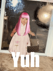 a little girl wearing a pink wig and holding a louis vuitton purse says yun