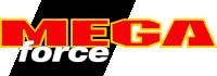 a red and yellow mega force logo on a black and white background