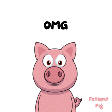 a cartoon pig with its mouth open and the word omg behind it