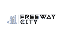 a logo for freeway city shows a city with buildings