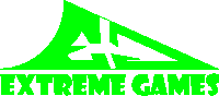 a green extreme games logo with a white triangle