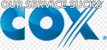 a blue cox logo with the words our service sucks