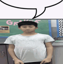 a boy stands in front of a bulletin board that says " grower " on it