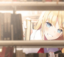 a girl with blonde hair and blue eyes holds a book