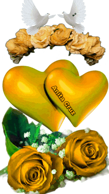 two yellow hearts with anita cruz written on them are surrounded by yellow roses