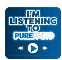 a blue sign that says " i 'm listening to pure radio "