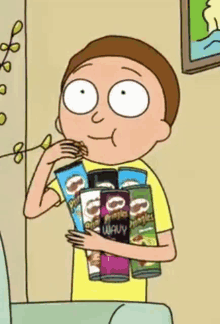 a cartoon character from rick and morty is holding a stack of pringles chips .