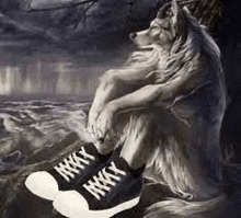 a wolf is sitting on a rock wearing a pair of black sneakers .