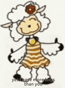 a cartoon of a sheep giving a thumbs up with the words " yes i have more hugs than you "