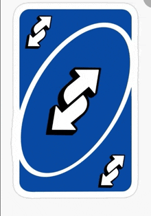 a blue uno card with two white arrows pointing in opposite directions on it