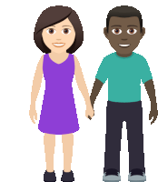 a woman in a purple dress and a man in a blue shirt hold hands