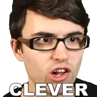 a man wearing glasses has the word clever written in front of his face