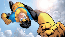 a comic book character is flying through the air with his fist up