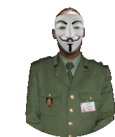 a man in a military uniform is wearing a white anonymous mask