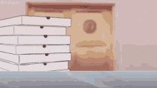 a shark girl is standing next to a pile of pizza boxes .