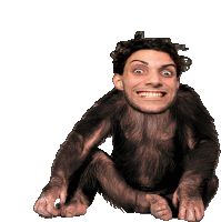 a monkey with a man 's face is smiling on a white background