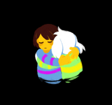 a girl and a goat hugging each other in a dark room