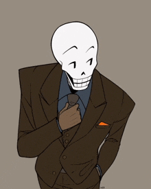 a drawing of a skeleton wearing a brown suit and tie