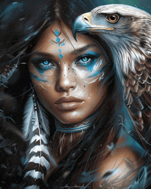 a painting of a woman with feathers on her face and a bald eagle behind her