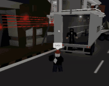 a roblox character is standing in front of a white truck that says helo