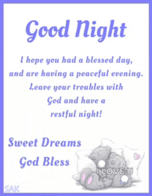 a card that says good night sweet dreams god bless i love u