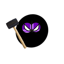 a black circle with a purple face and a black hammer on it