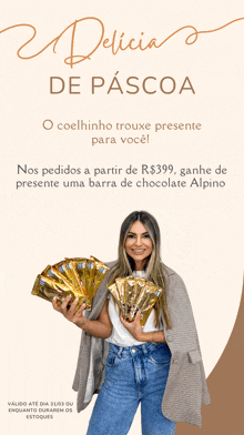 an advertisement for delicia de pascoa shows a woman holding packets of chocolate