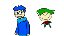 a cartoon character with blue hair is standing next to a green haired character