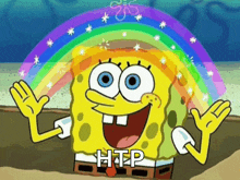 a cartoon of spongebob with a rainbow behind him and the word htp