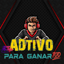 a logo for adtivo para ganar 100 with a man wearing headphones and a microphone