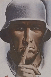 a painting of a soldier with his finger to his mouth .