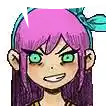 a cartoon girl with long purple hair and green eyes is smiling .