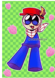 a cartoon character with a red hat and blue pants is standing on a green checkered background