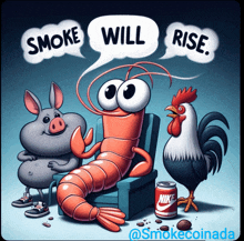 a cartoon of a rooster a pig and a shrimp with smoke will rise bubbles