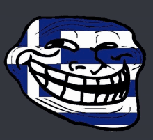 a troll face with a greek flag on it 's face .